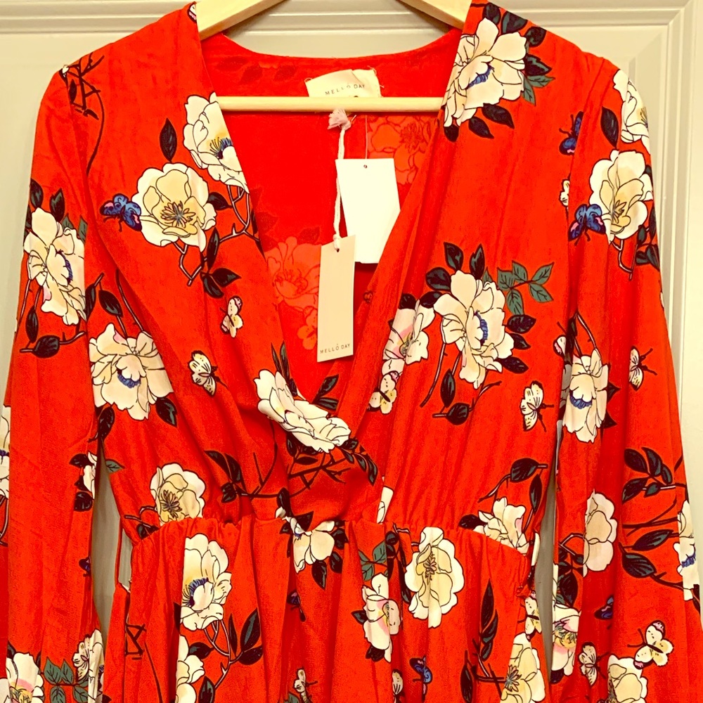 Melloday Red Floral Babydoll Mini Dress